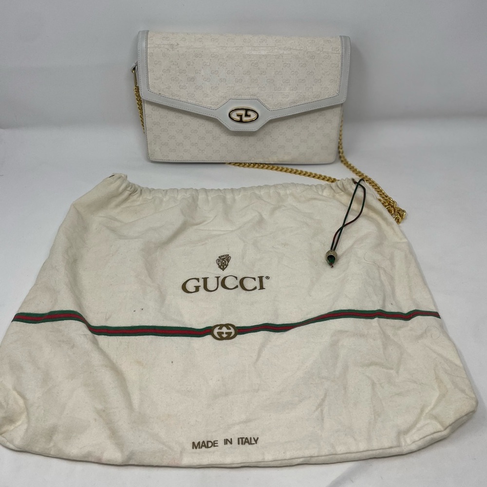 Vintage Gucci GG White Monogram/Logo Gold Chain Shoulder Bag Clutch Crossbody